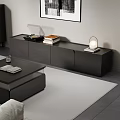 Modern Minimalist Black TV Stand With Vinyl Record Player Stacked Books And Table Lamp