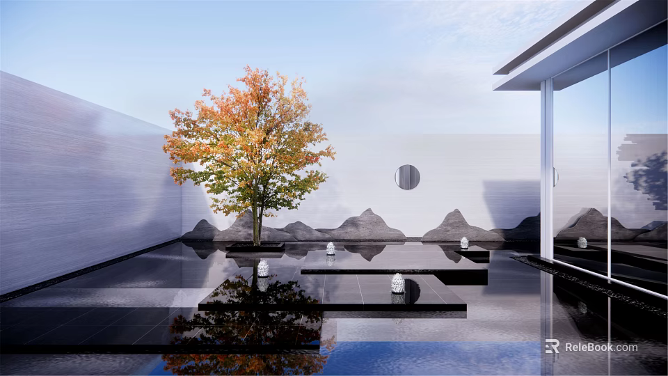 Modern Garden Landscape With Autumn Tree Water Reflection Mountain Pattern And Circular Window 3d model 