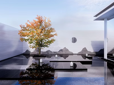 Modern Garden Landscape With Autumn Tree Water Reflection Mountain Pattern And Circular Window 3d model
