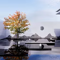 Modern Garden Landscape With Autumn Tree Water Reflection Mountain Pattern And Circular Window