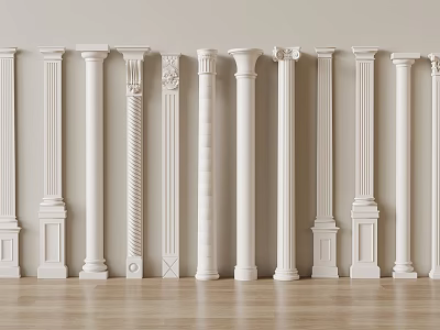 Various White Decorative Columns With Different Designs Displayed In Interior Space 3d model