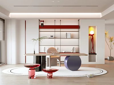 Modern Study Room Interior Design With Open Shelves Wooden Desk And Floor Lamp 3d model