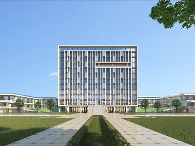 Modern Tall School Building With Front Lawn Central Pathway And Surrounding Trees 3d model
