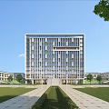 Modern Tall School Building With Front Lawn Central Pathway And Surrounding Trees