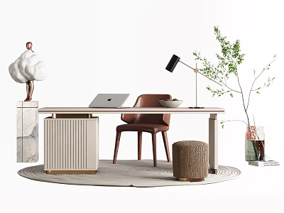 Modern Minimalist Desk Setup With Laptop Brown Chair Floor Lamp And Green Plant 3d model