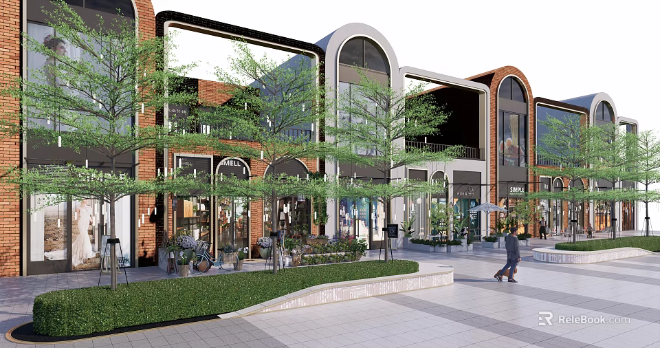 Modern Commercial Street Featuring Lush Trees Storefronts Pedestrian Walkway And Greenery 3d model 