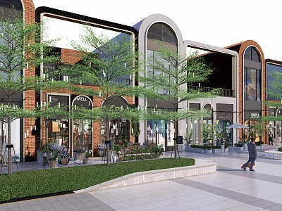 Modern Commercial Street Featuring Lush Trees Storefronts Pedestrian Walkway And Greenery 3d model