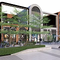Modern Commercial Street Featuring Lush Trees Storefronts Pedestrian Walkway And Greenery