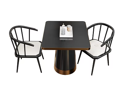 Modern Table and Chairs Set with Square Black Top Gold Base Black Frame White Seats 3d model