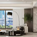 Modern Dining And Living Room With Gray Cabinets Marble Walls Mirror And Green Plant