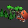 Cartoon Forest Scene With Green Trees Red Roof Log Cabin And Wooden Windows