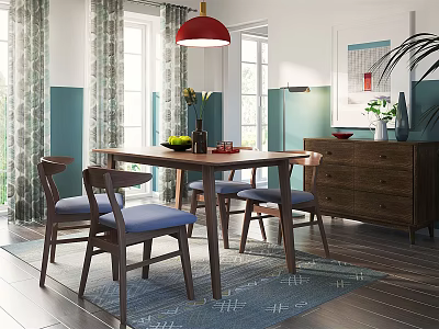 Cozy Dining Room With Red Pendant Light Wooden Table Blue Chairs And Green Walls 3d model