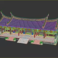 Cartoon Scene of Traditional Chinese Building With Blue Curved Roof Red Lanterns and Stone Steps