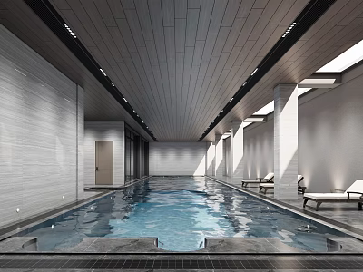 Modern Indoor Swimming Pool With Gray Ceiling White Walls Lounge Chairs And Natural Sunlight 3d model