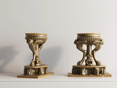 Two Golden Trophies with Intricate Carved Decorations and Ornate Base Patterns in Vintage Classical Design 3d model