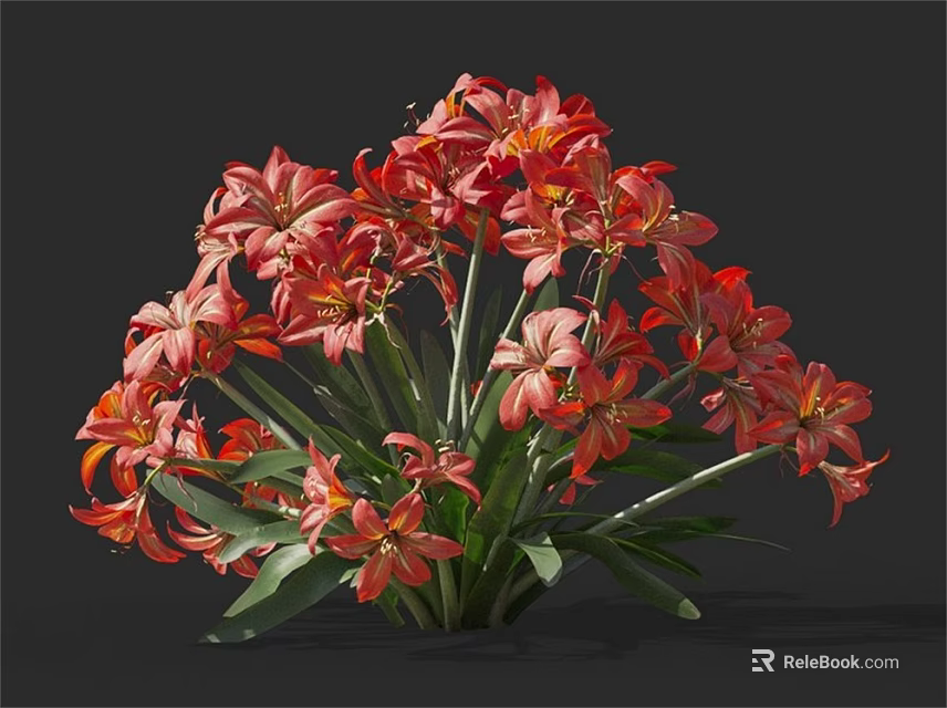 Beautiful Vibrant Red Lilies With Fresh Green Leaves In Blooming Bunch 3d model 