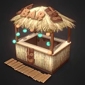 Tiki Bar Booth With Thatched Roof BAR Sign Colorful Lights Bamboo Structure And Wooden Steps