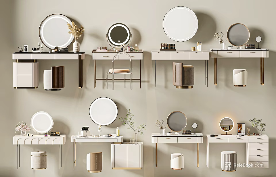 Various Modern Vanity Designs With Round Mirrors Drawers Stools And Decorative Plants 3d model 