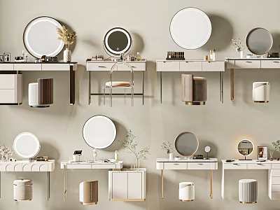 Various Modern Vanity Designs With Round Mirrors Drawers Stools And Decorative Plants 3d model