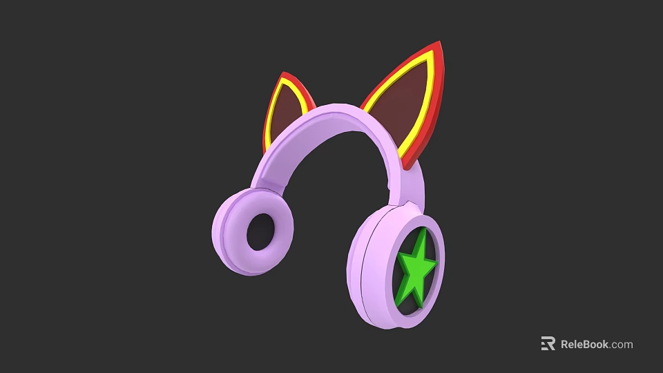 Purple Cat Ear Headphones with Yellow Red Accents and Green Star Electronic Audio Device 3d model 