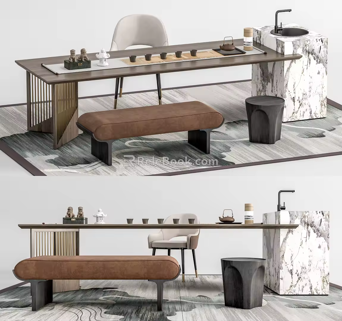 New Chinese Style Tea Table and Chair Tea Table and Chair Combination Tea Table Bench Tea Set Bar 3d model