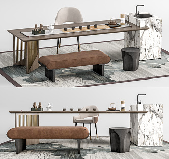 New Chinese Style Tea Table and Chair Tea Table and Chair Combination Tea Table Bench Tea Set Bar 3d model