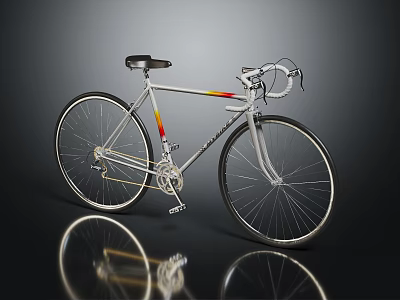 Silver Bicycle with Red Yellow Stripes on Frame Black Seat Handlebars and Wheels 3d model