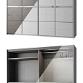 Modern Gray Paneled Wardrobe With Central Dark Wood Accent And Silver Handles