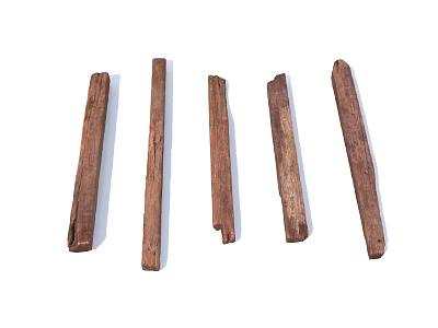 Five Brown Wooden Pillars With Varying Lengths And Textures On White Background 3d model