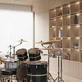Cozy Entertainment Room With Drums Light Wood Shelves And Chair