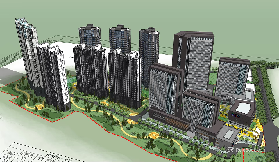 Modern Commercial Complex With High Rise Buildings Green Spaces And Landscaped Walkways 3d model 