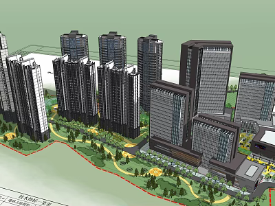 Modern Commercial Complex With High Rise Buildings Green Spaces And Landscaped Walkways 3d model