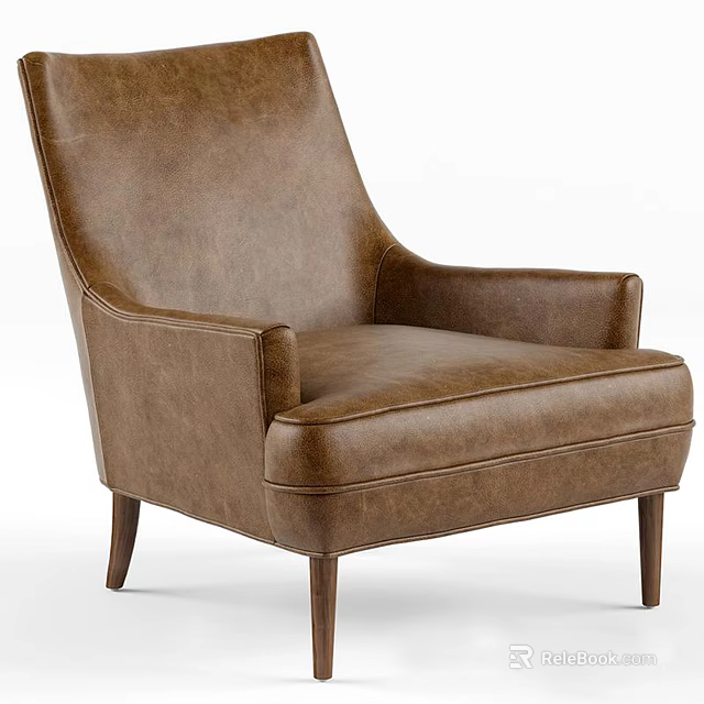 Elegant Brown Leather Single Sofa With Armrests And Wooden Legs 3d model 