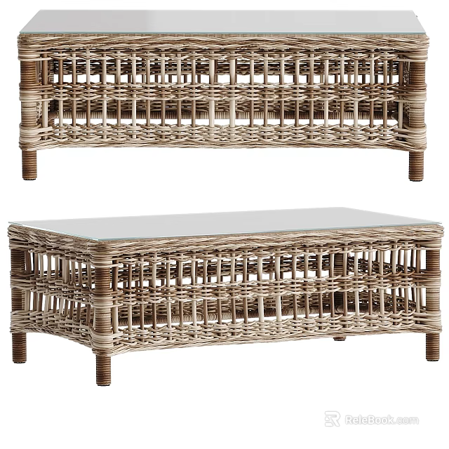 Natural Wicker Coffee Table Design With Glass Top And Sturdy Rattan Frame 3d model 
