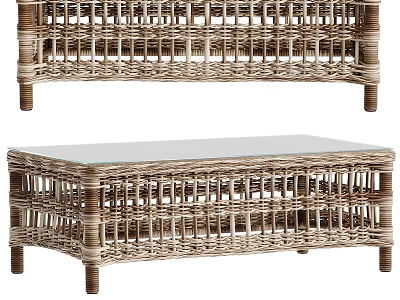 Natural Wicker Coffee Table Design With Glass Top And Sturdy Rattan Frame 3d model