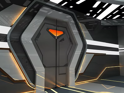 Futuristic Sci-Fi Door With Hexagonal Frame Orange Glowing Symbol And Gray White Geometric Details 3d model