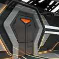 Futuristic Sci-Fi Door With Hexagonal Frame Orange Glowing Symbol And Gray White Geometric Details