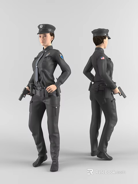 Professional Female Police Officer in Tactical Uniform Holding Gun with Badge 3d model 