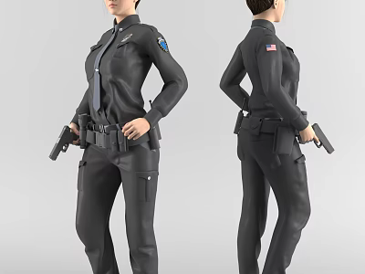 Professional Female Police Officer in Tactical Uniform Holding Gun with Badge 3d model