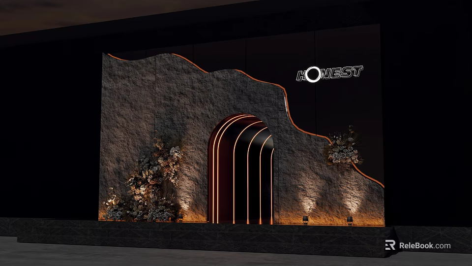 Modern Event Entrance With Arched Illuminated Design Stone Texture Floral Decorations And QUEST Logo 3d model 