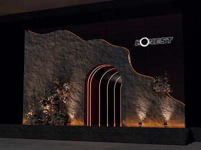 Modern Event Entrance With Arched Illuminated Design Stone Texture Floral Decorations And QUEST Logo 3d model