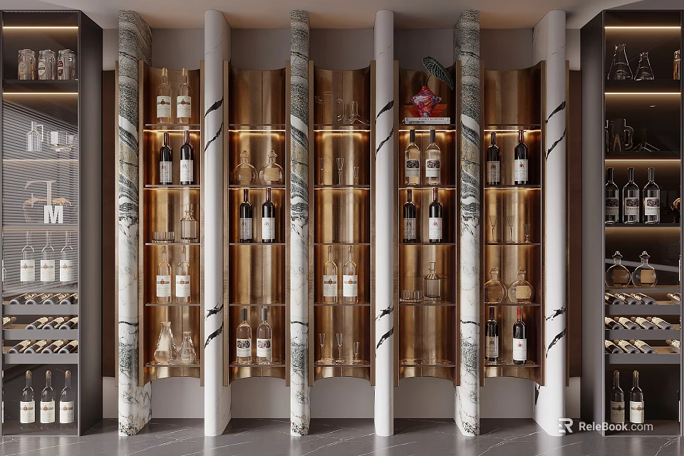 Elegant Modern Wine Cabinet Interior With Marble Columns Glass Doors And Wine Bottles 3d model 