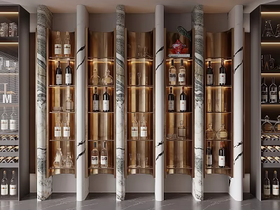 Elegant Modern Wine Cabinet Interior With Marble Columns Glass Doors And Wine Bottles 3d model