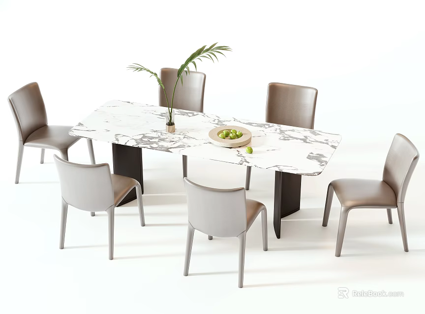 Modern Dining Table Set With Marble Tabletop Gray Chairs And Decorative Plant 3d model