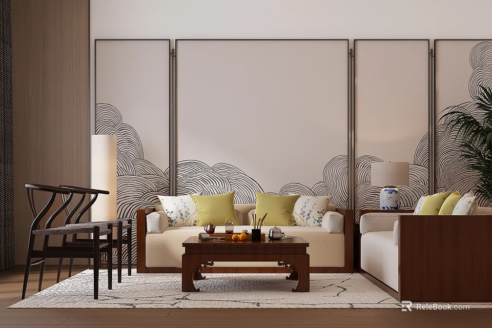 Stylish Sofa And Coffee Table Set With Yellow Pillows Wooden Table And Mountain Wall Pattern 3d model