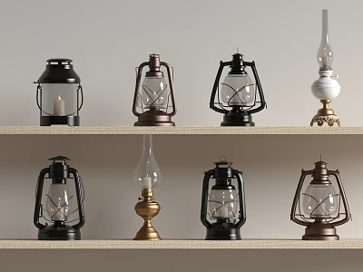 Vintage Decorative Lamps With Various Styles Metal Frame And Glass Shades Displayed On Shelves 3d model