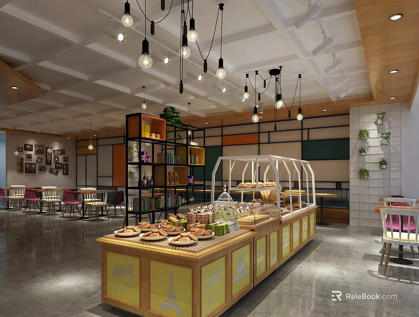 Dessert Shop Interior with Hanging Lights Wooden Counter Glass Display Case and Assorted Desserts 3d model 