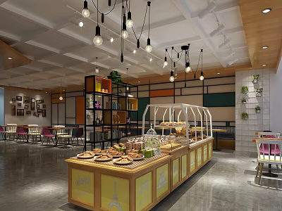 Dessert Shop Interior with Hanging Lights Wooden Counter Glass Display Case and Assorted Desserts 3d model