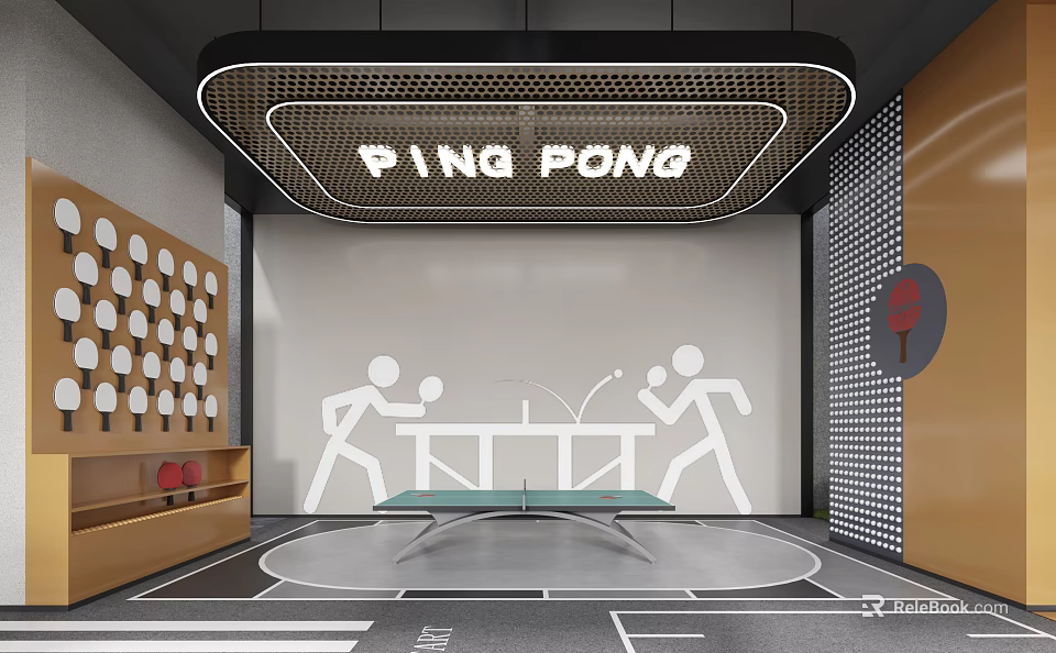 Modern Ping Pong Room Interior With Neon Sign Wall Art Table And Paddle Storage 3d model 