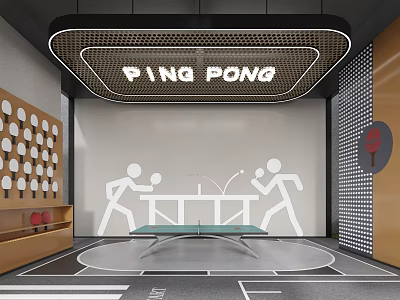 Modern Ping Pong Room Interior With Neon Sign Wall Art Table And Paddle Storage 3d model